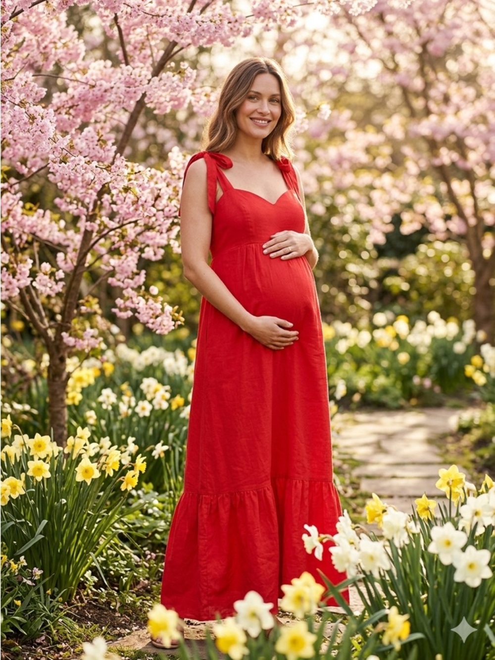 H&M Mamá Bright Red Voluminous Babydoll Tiered Maxi Crepe Dress - XS EUC